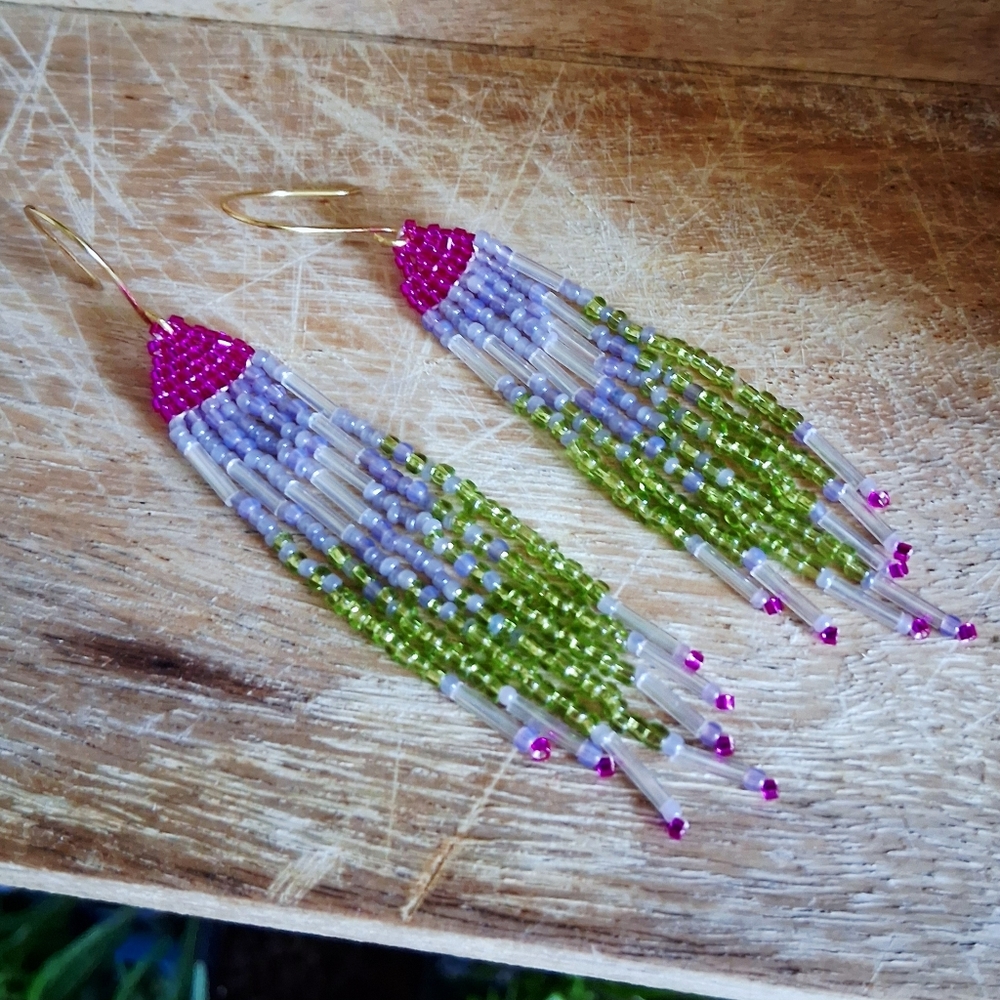 BOGO EARRINGS Boho Chic Seed Bead Fringe Tassel Dangle Earrings, Statement 3.5" - Picture 5 of 7